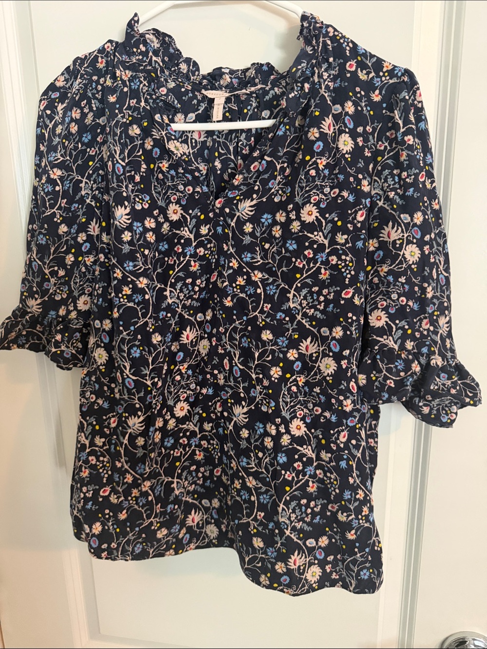 Rebecca Taylor 100% Silk Floral Ruffle Neck Blouse Navy XS